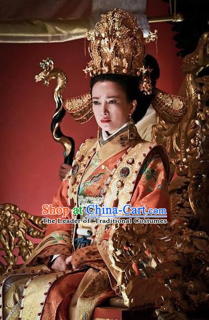 Ancient Chinese Ming Dynasty Empress Dowager Xiaogongzhang Embroidered Dress Costume and Headpiece Complete Set