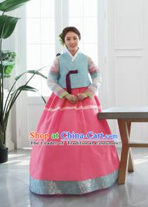 Korean Traditional Bride Hanbok Blue Blouse and Pink Dress Ancient Formal Occasions Fashion Apparel Costumes for Women