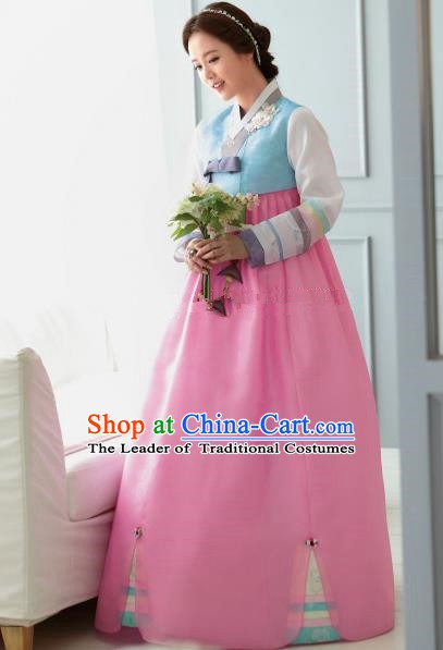 Korean Traditional Bride Hanbok Blue Blouse and Pink Dress Ancient Formal Occasions Fashion Apparel Costumes for Women