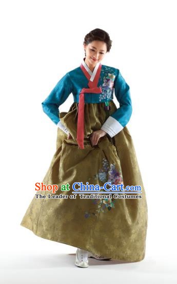Korean Traditional Bride Hanbok Peacock Blue Blouse and Ginger Embroidered Dress Ancient Formal Occasions Fashion Apparel Costumes for Women
