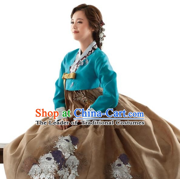 Korean Traditional Bride Hanbok Green Blouse and Brown Embroidered Dress Ancient Formal Occasions Fashion Apparel Costumes for Women