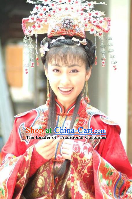 Ancient Chinese Qing Dynasty Palace Lady Wedding Embroidered Replica Costume and Headpiece Complete Set for Women