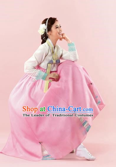 Korean Traditional Bride Hanbok White Blouse and Pink Dress Ancient Formal Occasions Fashion Apparel Costumes for Women