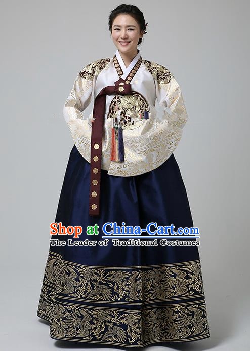 Korean Traditional Bride Hanbok Formal Occasions White Blouse and Navy Dress Ancient Fashion Apparel Costumes for Women