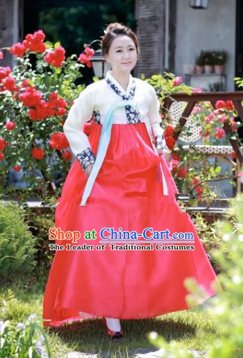 Korean Traditional Bride Hanbok Formal Occasions White Blouse and Red Dress Ancient Fashion Apparel Costumes for Women