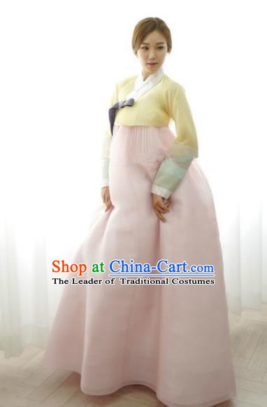 Korean Traditional Bride Hanbok Formal Occasions Yellow Blouse and Light Pink Dress Ancient Fashion Apparel Costumes for Women