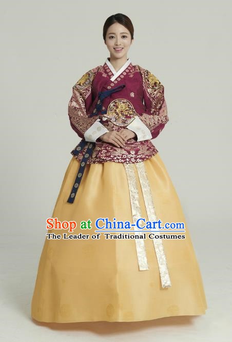 Korean Traditional Bride Tang Garment Hanbok Formal Occasions Wine Red Blouse and Yellow Dress Ancient Costumes for Women