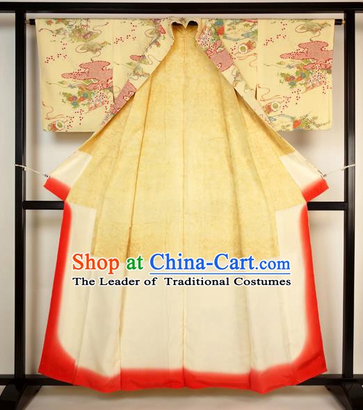 Japan Ancient Palace Yellow Furisode Kimonos Traditional Yukata Dress Formal Costume for Women
