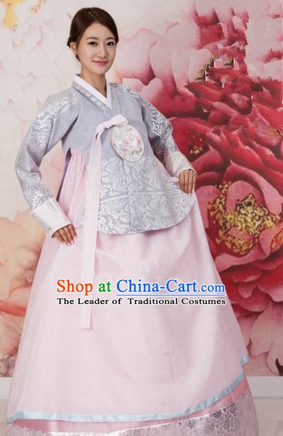 Korean Traditional Bride Tang Garment Hanbok Formal Occasions Grey Blouse and Pink Dress Ancient Costumes for Women