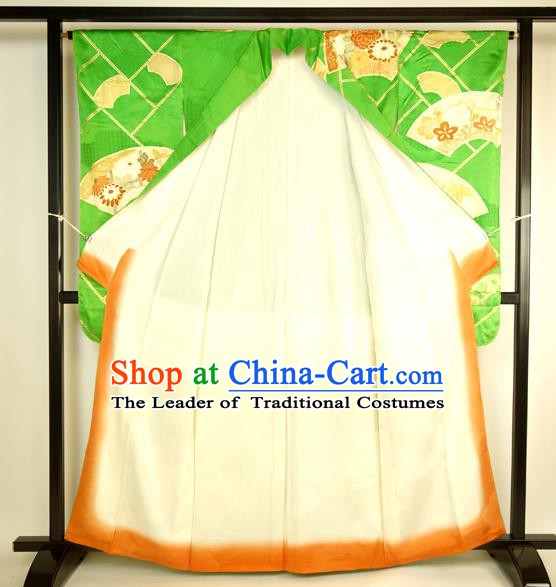 Japan Ancient Green Furisode Kimonos Traditional Palace Yukata Dress Formal Costume for Women