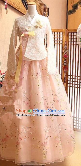 Korean Traditional Bride Tang Garment Hanbok Formal Occasions White Lace Blouse and Pink Dress Ancient Costumes for Women