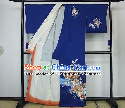 Asian Japan Palace Royalblue Furisode Kimono Ancient Yukata Dress Formal Costume for Women