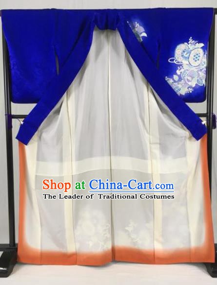 Japanese Ancient Male Kimono Costume Traditional Wafuku Hakama Royalblue Yukata Robe for Men