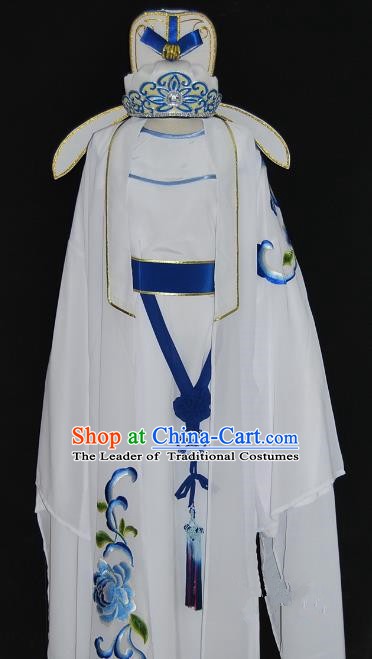 China Traditional Beijing Opera Young Men Embroidered Costume Chinese Peking Opera Niche White Robe for Adults