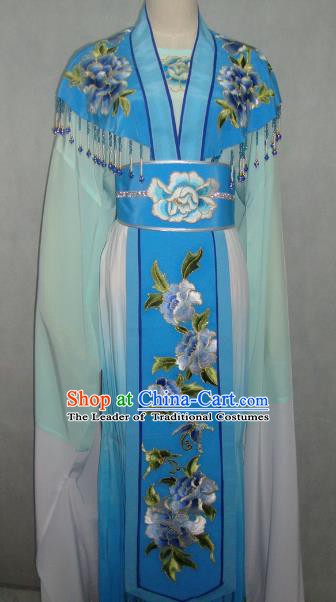 Traditional China Beijing Opera Princess Blue Dress Chinese Peking Opera Diva Embroidered Costume
