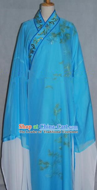 China Beijing Opera Lang Scholar Blue Embroidered Chrysanthemum Robe Chinese Traditional Peking Opera Niche Costume for Adults