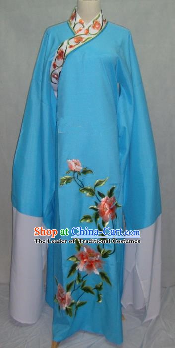 Traditional Chinese Beijing Opera Niche Scholar Embroidery Peony Costume Beijing Opera Blue Robe for Adults