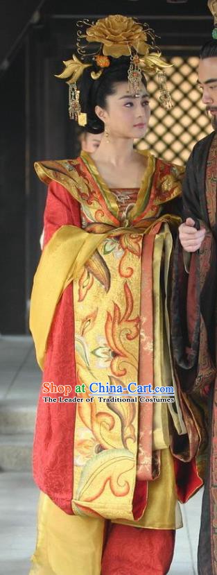 Ancient Chinese Tang Dynasty Consort Yang Yuhuan Embroidered Replica Costume and Headpiece Complete Set for Women