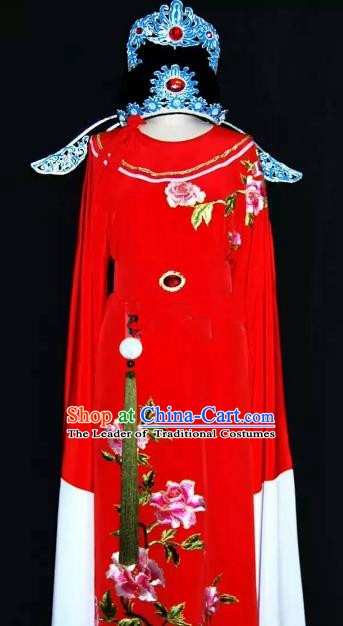 Top Grade Chinese Beijing Opera Embroidered Red Robe Peking Opera Niche Costume and Hat for Adults