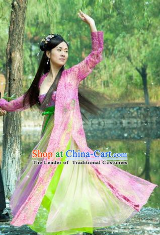 Chinese Ancient Tang Dynasty Dance Pink Dress Courtesan Historical Costume for Women