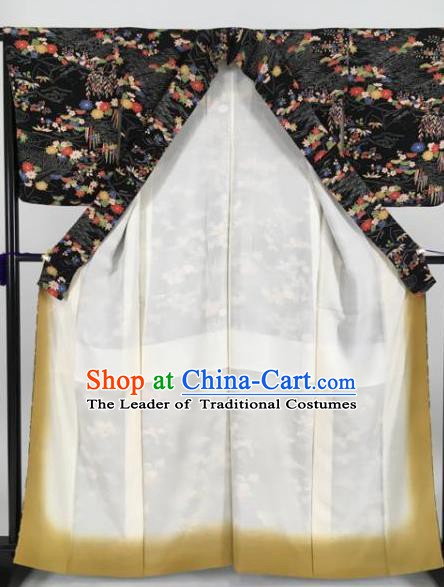 Japan Traditional Kimonos Printing Black Furisode Kimono Ancient Yukata Dress Formal Costume for Women