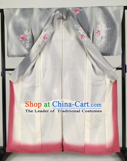 Japan Traditional Grey Silk Kimono Furisode Kimono Ancient Yukata Dress Formal Costume for Women