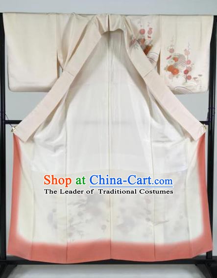 Japan Traditional Kimonos White Silk Palace Furisode Kimono Ancient Yukata Dress Formal Costume for Women