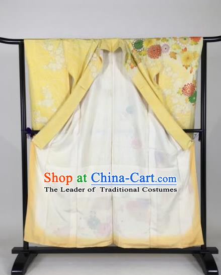 Ancient Japanese Geisha Yellow Furisode Kimonos Traditional Female Yukata Dress Formal Costume for Women