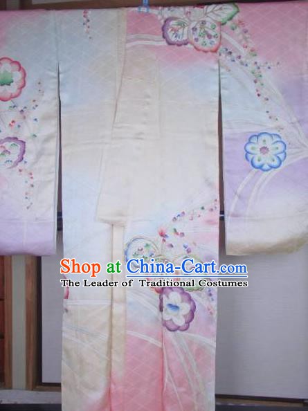 Ancient Japanese Geisha Pink Silk Furisode Kimonos Traditional Female Yukata Dress Formal Costume for Women