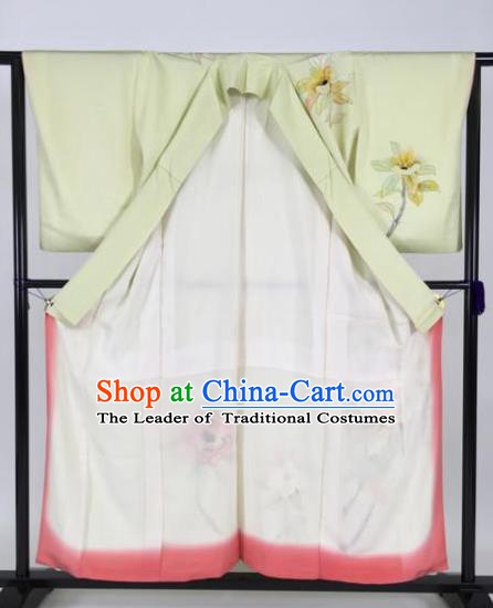 Japan Traditional Kimonos Geisha Light Green Furisode Kimono Ancient Yukata Dress Formal Costume for Women