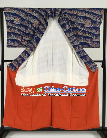 Japan Traditional Kimonos Geisha Deep Blue Furisode Kimono Ancient Yukata Dress Formal Costume for Women