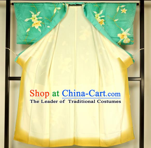 Ancient Japanese Green Furisode Kimonos Traditional Female Yukata Dress Formal Costume for Women