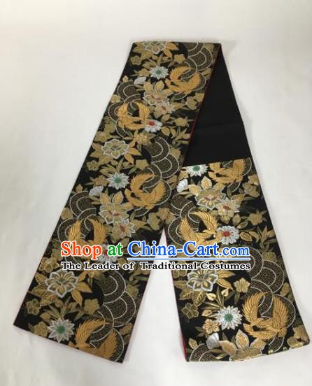 Japanese Traditional Embroidered Black Brocade Waistband Kimono Yukata Dress Belts for Women