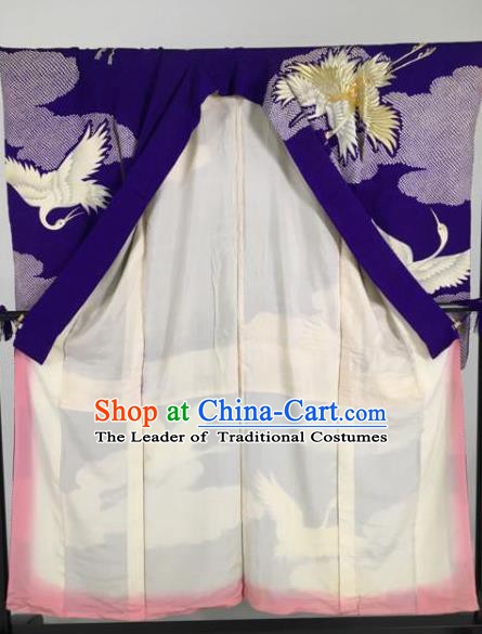 Ancient Japanese Geisha Royalblue Furisode Kimonos Traditional Female Yukata Dress Formal Costume for Women