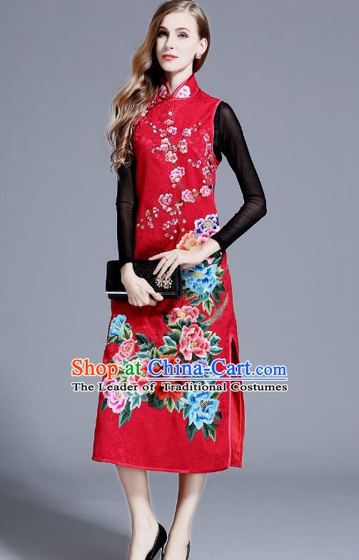 Chinese National Costume Red Cheongsam Embroidered Peony Qipao Dress for Women