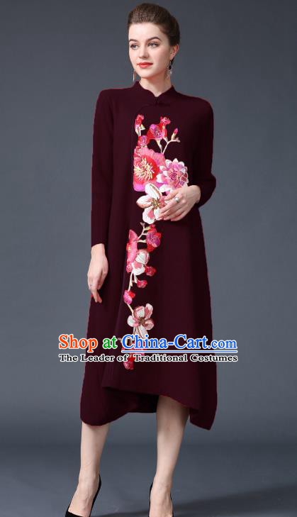 Chinese National Costume Embroidered Peony Wine Red Cheongsam Qipao Dress for Women