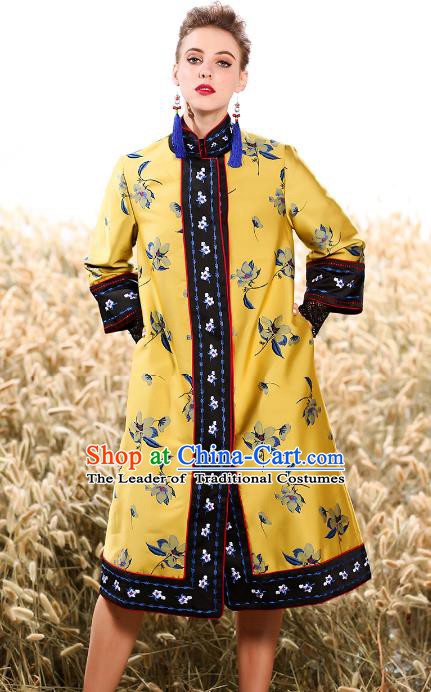 Chinese National Costume Traditional Embroidered Yellow Dust Coats for Women