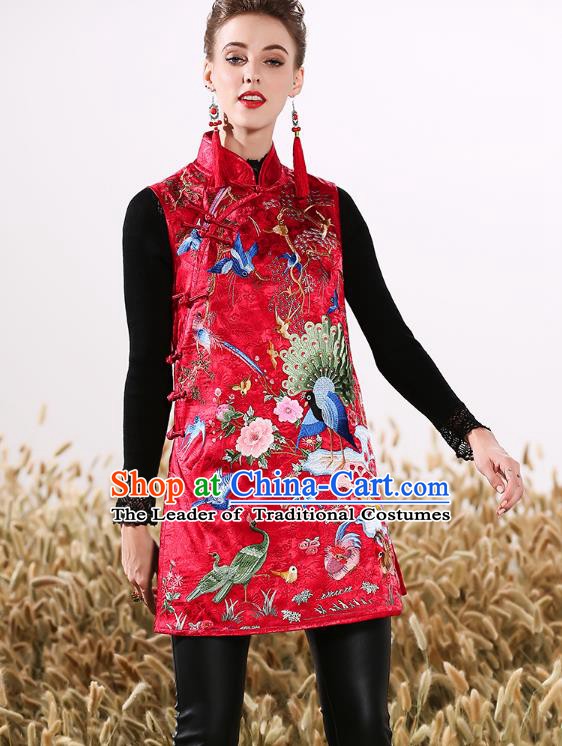 Chinese National Costume Traditional Embroidered Red Vests Waistcoat for Women