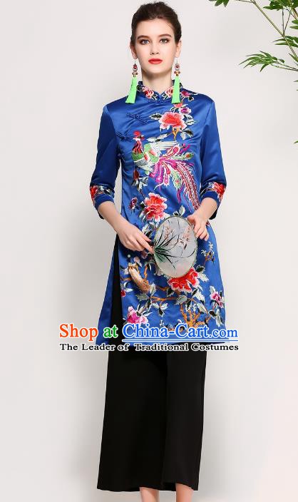 Chinese National Costume Embroidered Phoenix Peony Blue Qipao Dress Cheongsam for Women
