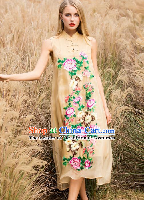 Chinese National Costume Stand Collar Beige Cheongsam Embroidered Peony Sleeveless Qipao Dress for Women