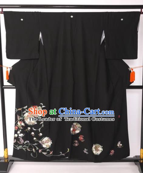 Japanese Samurai Garment Printing Flowers Kimono Palace Black Yukata Robe Traditional Wafuku Hakama Costume for Men