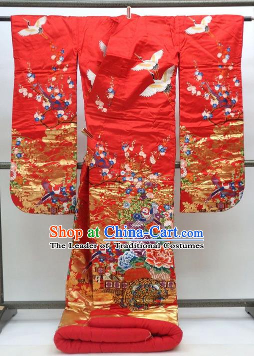 Ancient Japanese Empress Hanayome Garment Palace Red Furisode Kimonos Traditional Yukata Dress Costume for Women