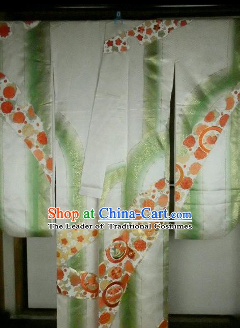 Ancient Japanese Geisha Garment Green Furisode Kimonos Traditional Yukata Dress Costume for Women