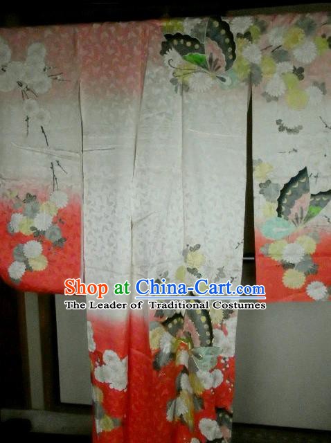 Ancient Japanese Geisha Printing Butterfly Furisode Kimonos Traditional Yukata Dress Costume for Women