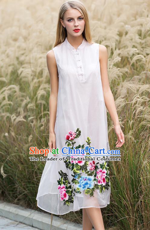 Chinese National Costume White Silk Cheongsam Embroidered Peony Qipao Dress for Women