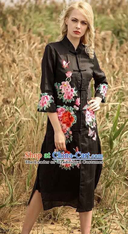 Chinese National Costume Black Cardigan Cheongsam Embroidered Peony Qipao Dress for Women