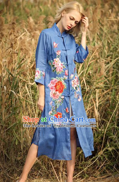 Chinese National Costume Deep Blue Cardigan Cheongsam Embroidered Peony Qipao Dress for Women