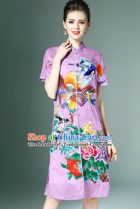 Chinese National Costume Purple Embroidered Peony Cheongsam Qipao Dress for Women
