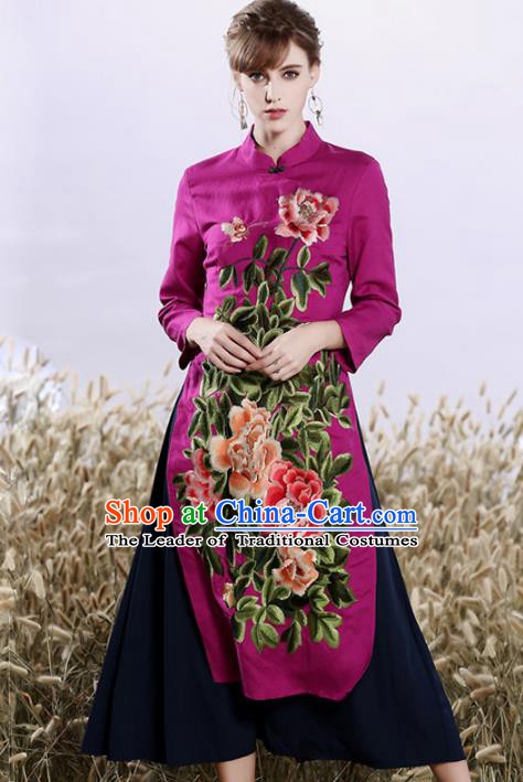 Chinese National Costume Embroidered Peony Cheongsam Purple Qipao Dress for Women