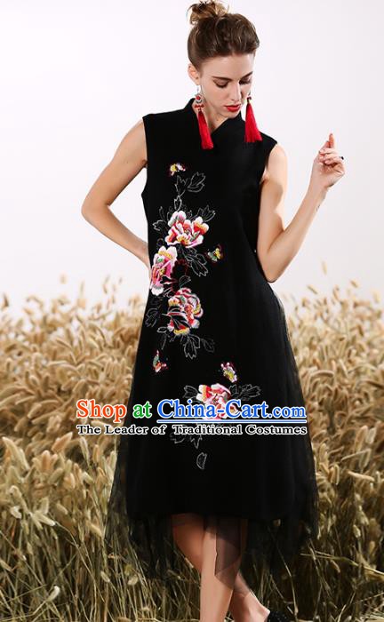 Chinese National Costume Embroidered Peony Black Cheongsam Vintage Veil Qipao Dress for Women